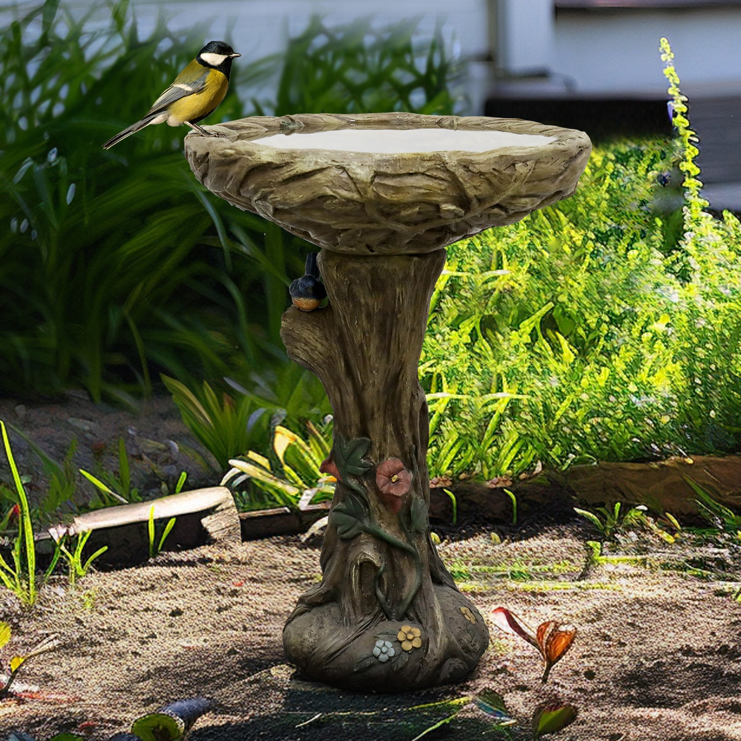 SunJet 25 Inch Heigh WoodLook Concrete Bird Bath with Decorative Faux Bird birdbath Rustic and LongLasting Design Enhances Garden Patio Yard Lawn Decor - Image 3