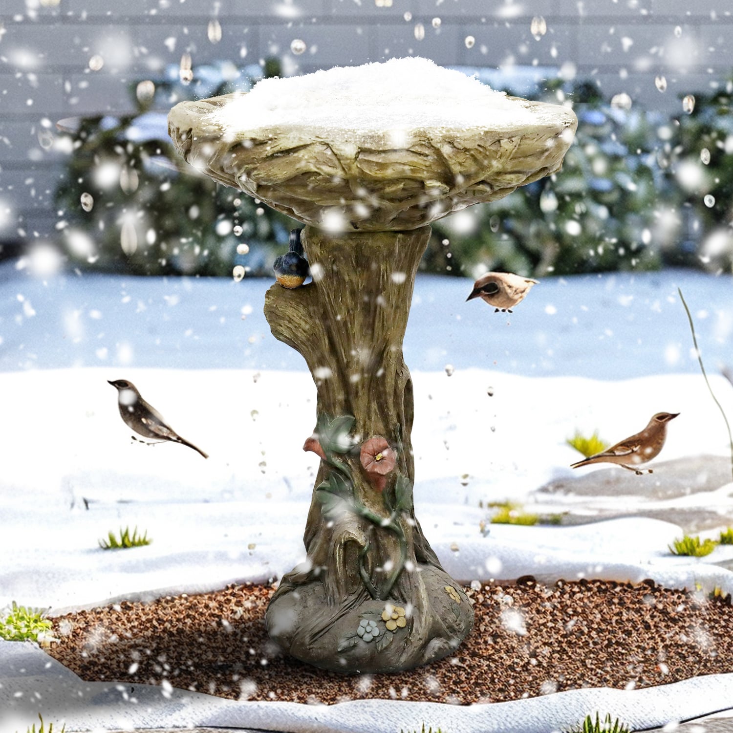 SunJet 25 Inch Heigh WoodLook Concrete Bird Bath with Decorative Faux Bird birdbath Rustic and LongLasting Design Enhances Garden Patio Yard Lawn Decor - Image 2