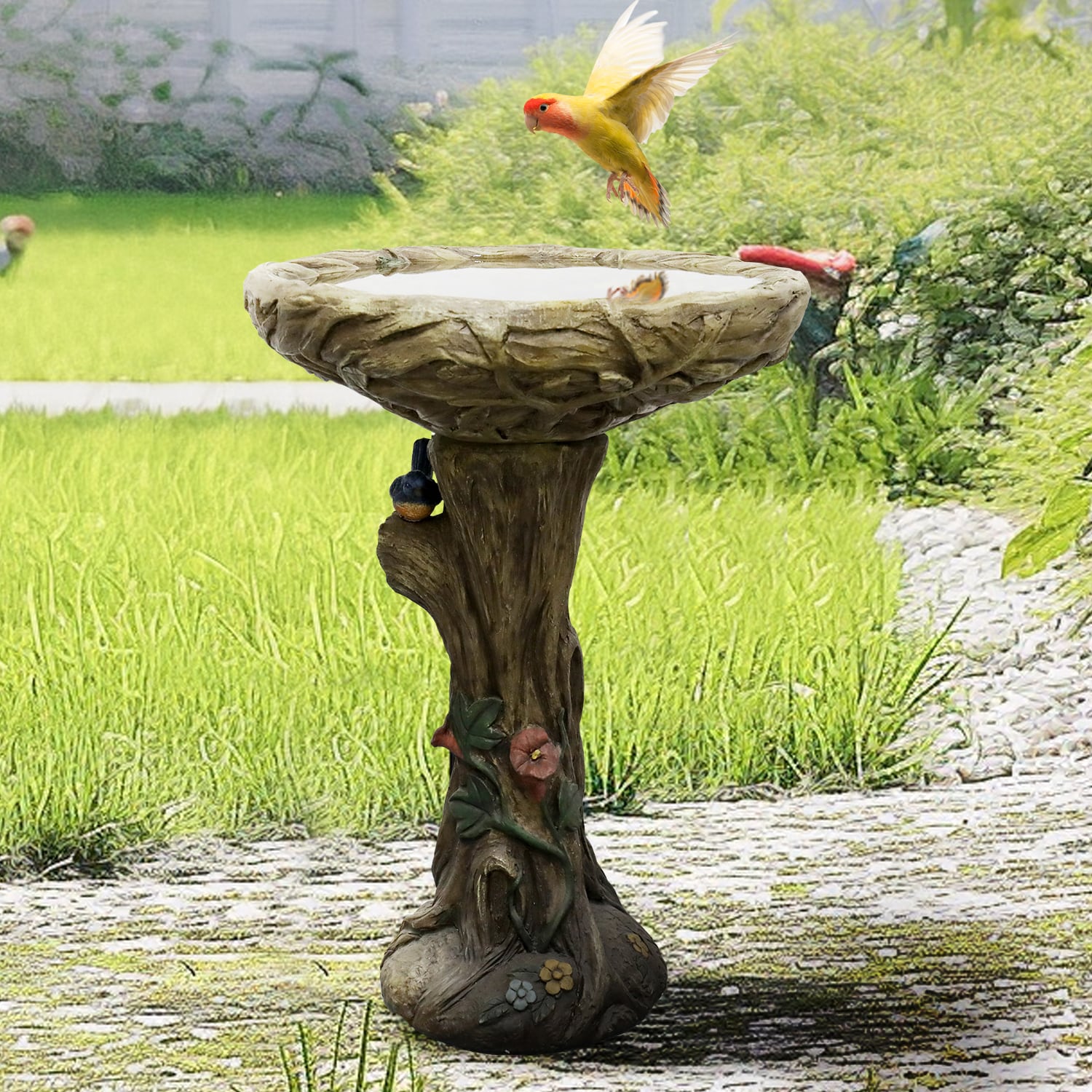 SunJet 25 Inch Heigh WoodLook Concrete Bird Bath with Decorative Faux Bird birdbath Rustic and LongLasting Design Enhances Garden Patio Yard Lawn Decor - Image 5
