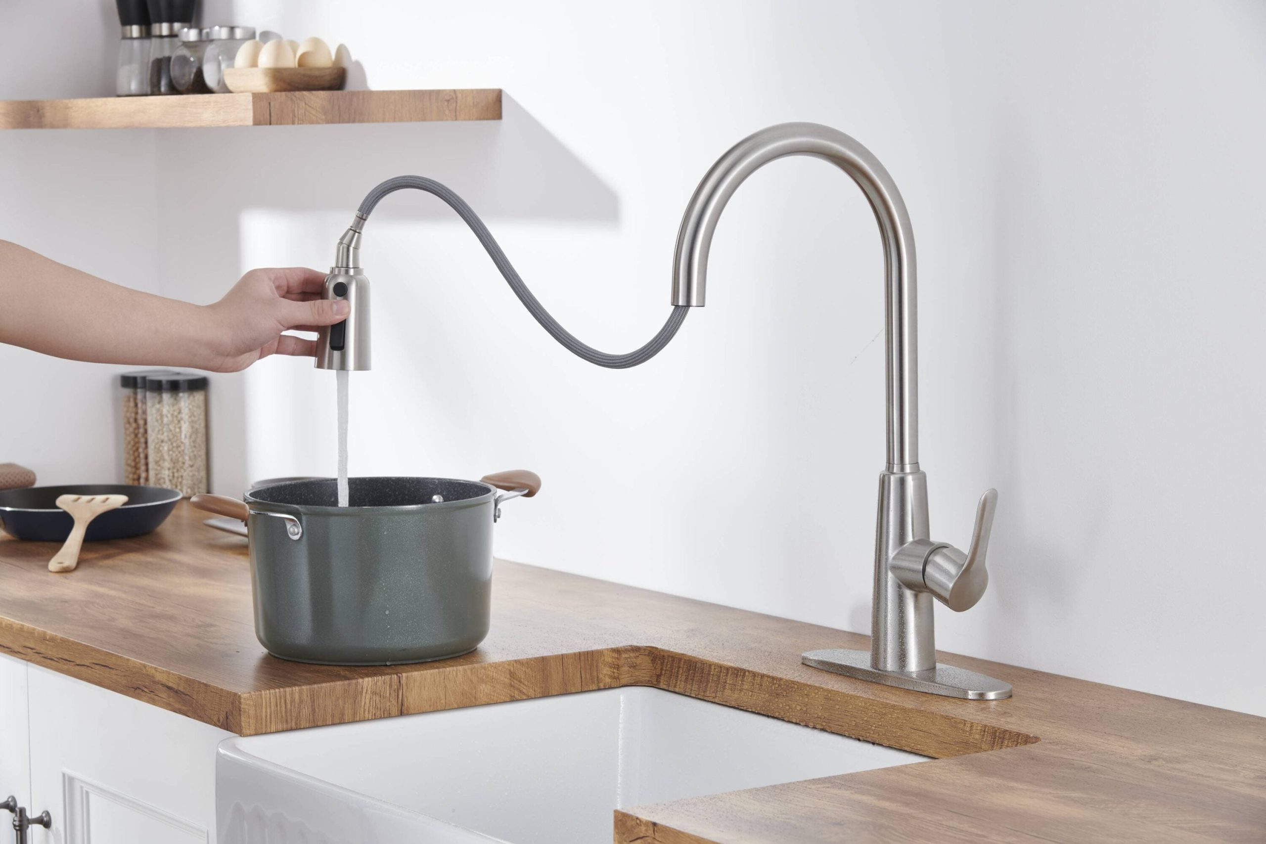 LUXEYARD Kitchen Sink Faucet with Pull Out Sprayer Brushed Nickle Stainless Steel High Arc Kitchen Sink Faucet 3 Way Setting Single Handle Kitchen Faucets with Deck Plate - Image 5
