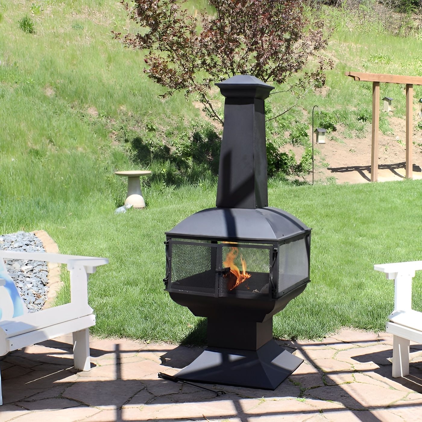 Slickblue Black Steel Wood Burning Chiminea Fire Pit with Log Grate Poker Ash Pan for Patio Deck Backyard 20.5 W - Image 2