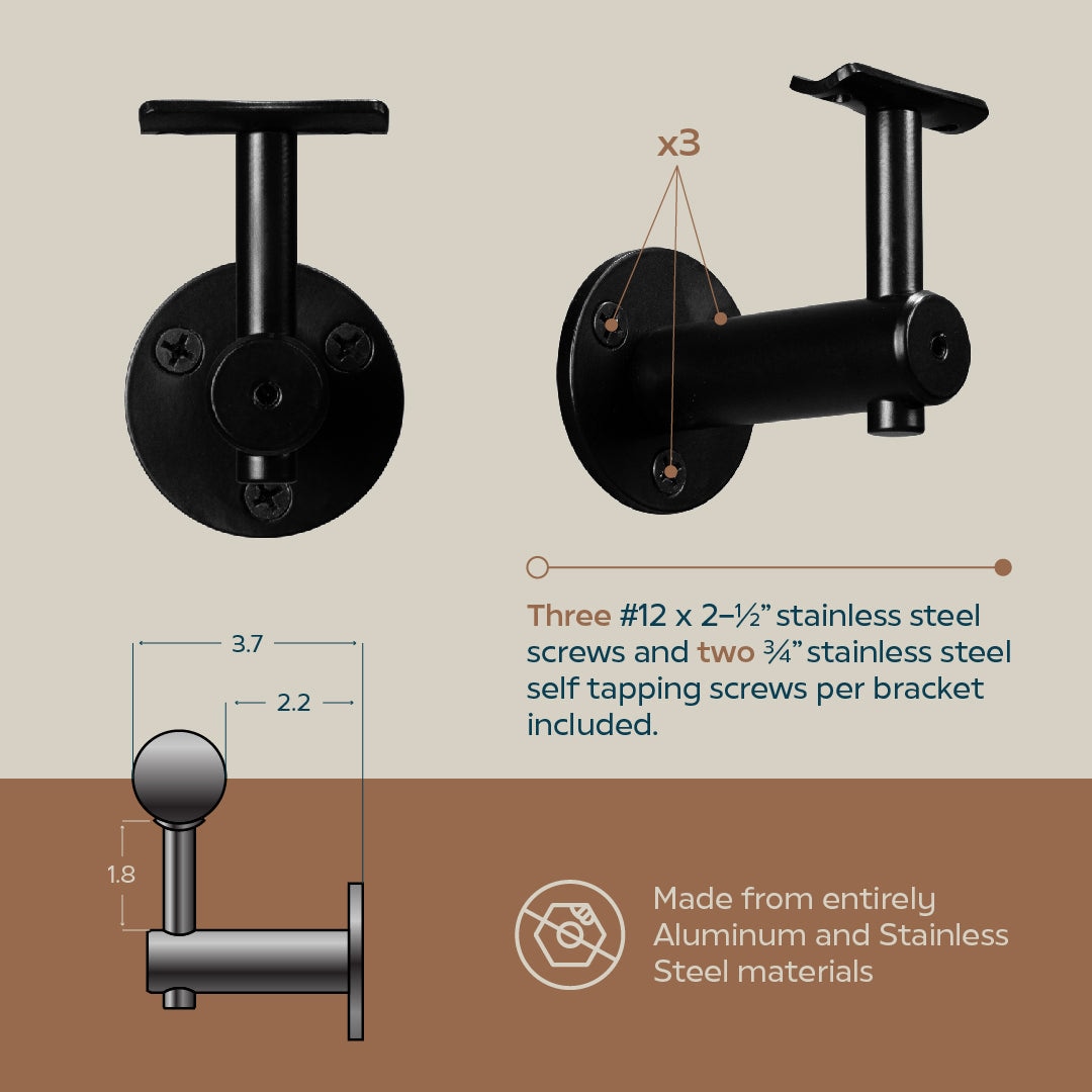Concept Fusion 20 Foot L Industrial Aluminum Round ADA Returns to Wall Complete Indoor/Outdoor Straight Handrail Grab Bar Kit Black Powder Coated Finish - Image 4