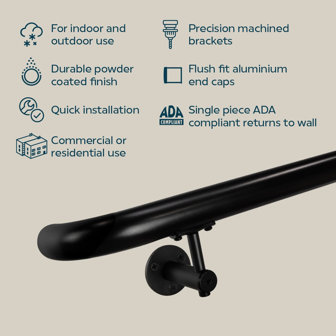 Concept Fusion 20 Foot L Industrial Aluminum Round ADA Returns to Wall Complete Indoor/Outdoor Straight Handrail Grab Bar Kit Black Powder Coated Finish - Image 7
