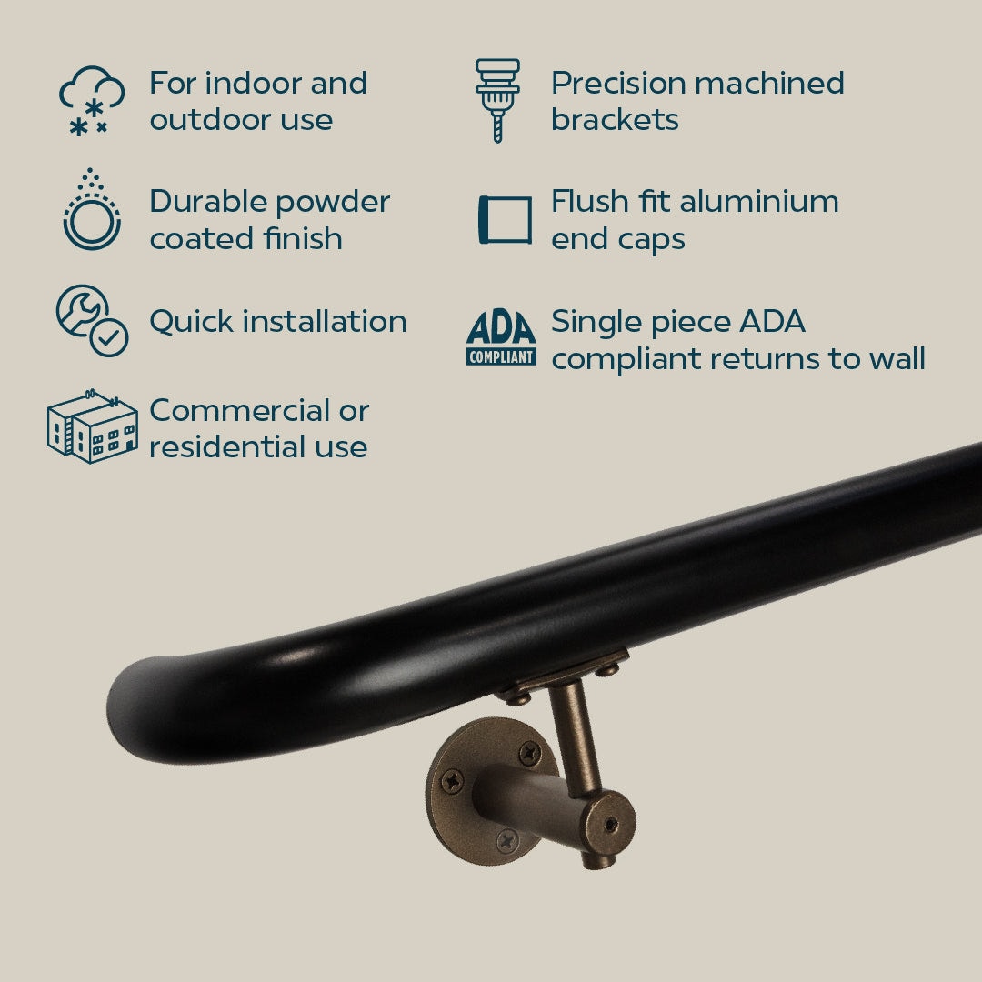 Concept Fusion 14 Foot L Industrial Aluminum Round ADA Returns to Wall Complete Indoor/Outdoor Straight Handrail Grab Bar Kit Bronze and Black Powder Coated Finish - Image 7