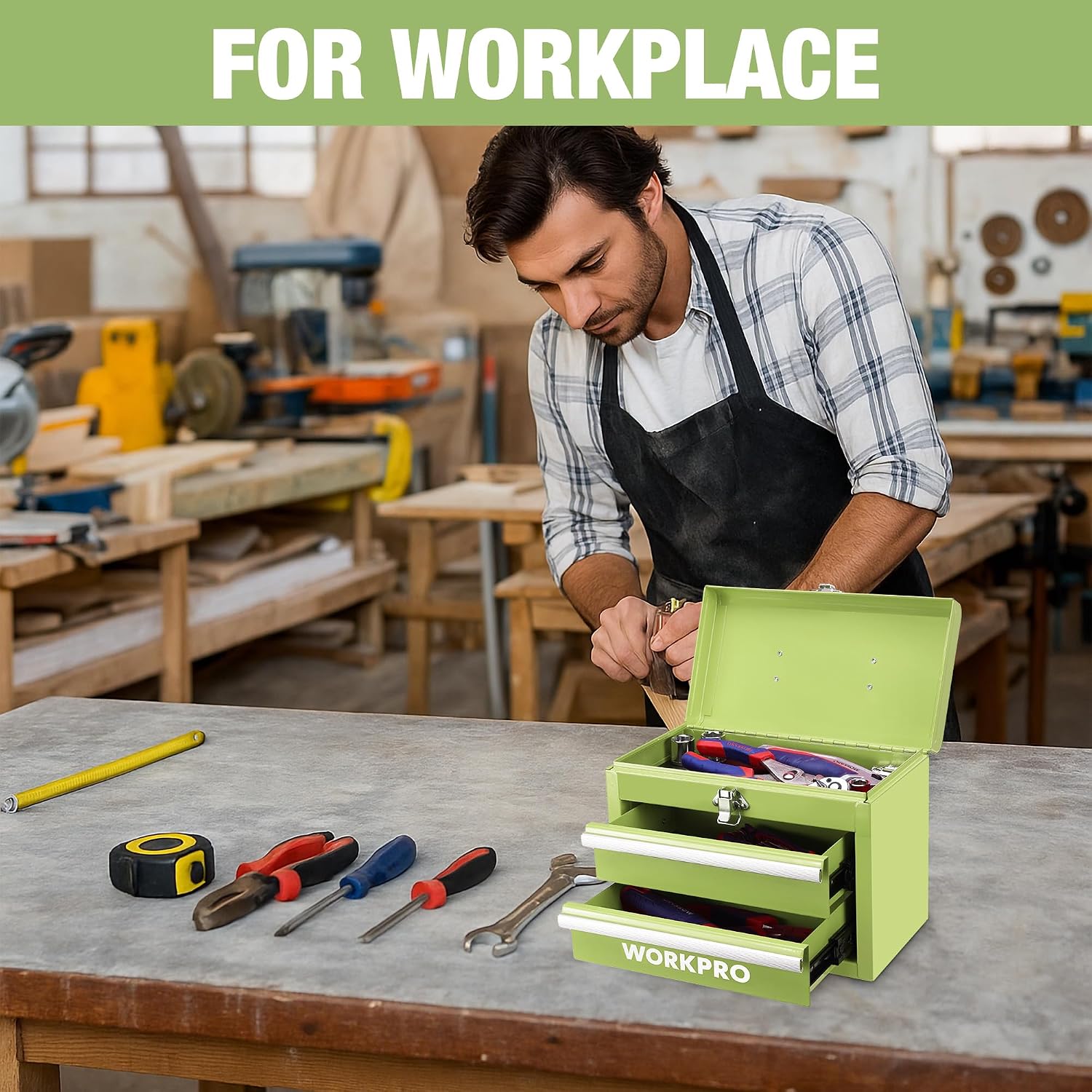 WORKPRO Portable & 12.5" Mini Metal Tool Box, Top Tool Chest Containing Two Drawers, Macaron Green - Image 6