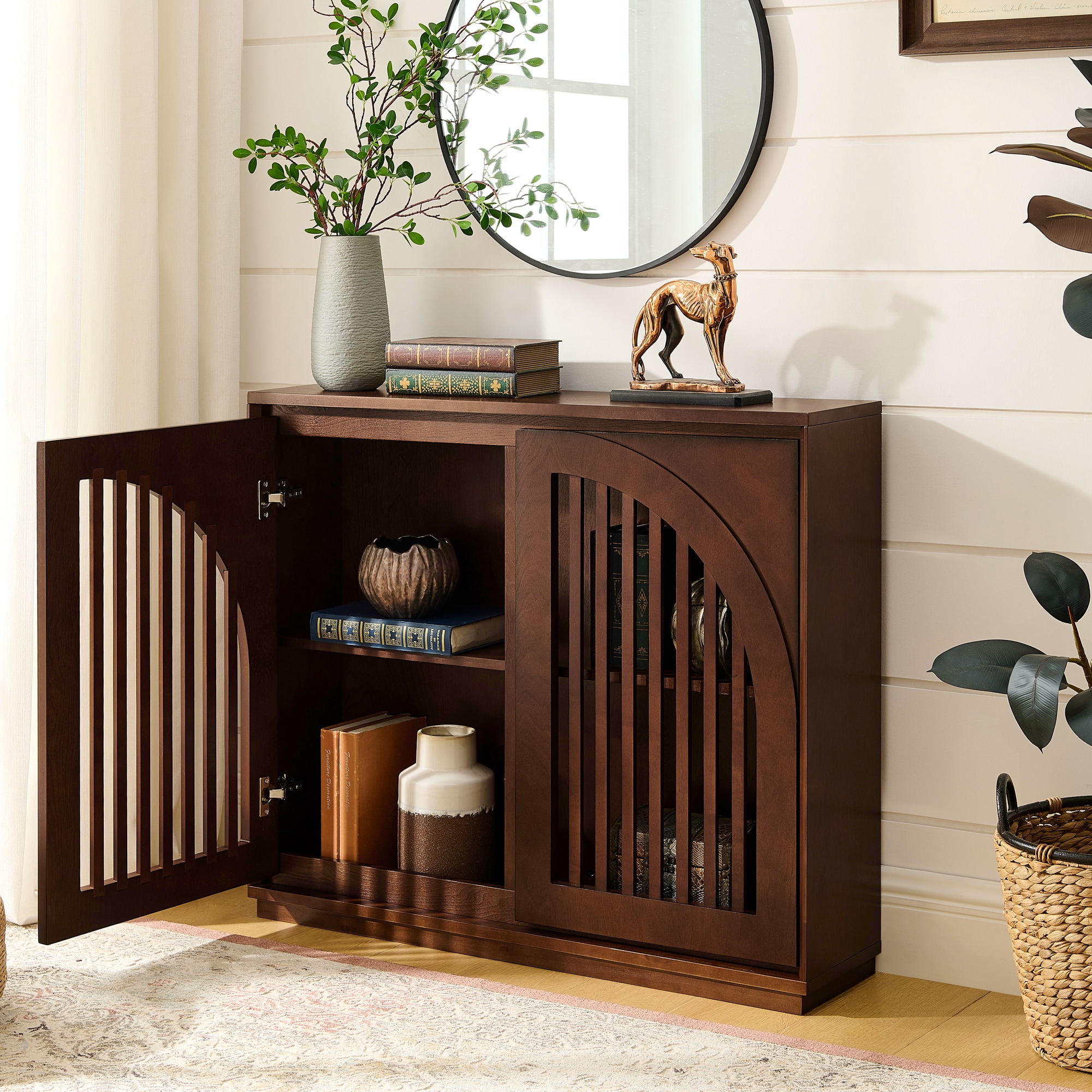 LUXEYARD Mid Century Modern Fluted Sideboard Cabinet with 2 Outlet Holes Buffet Cabinet with Storage Narrow Side Cabinet for Living Room Entryway Hallway Kitchen Coffee Bar Dark Walnut - Image 3