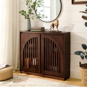 LUXEYARD Mid Century Modern Fluted Sideboard Cabinet with 2 Outlet Holes Buffet Cabinet with Storage Narrow Side Cabinet for Living Room Entryway Hallway Kitchen Coffee Bar Dark Walnut
