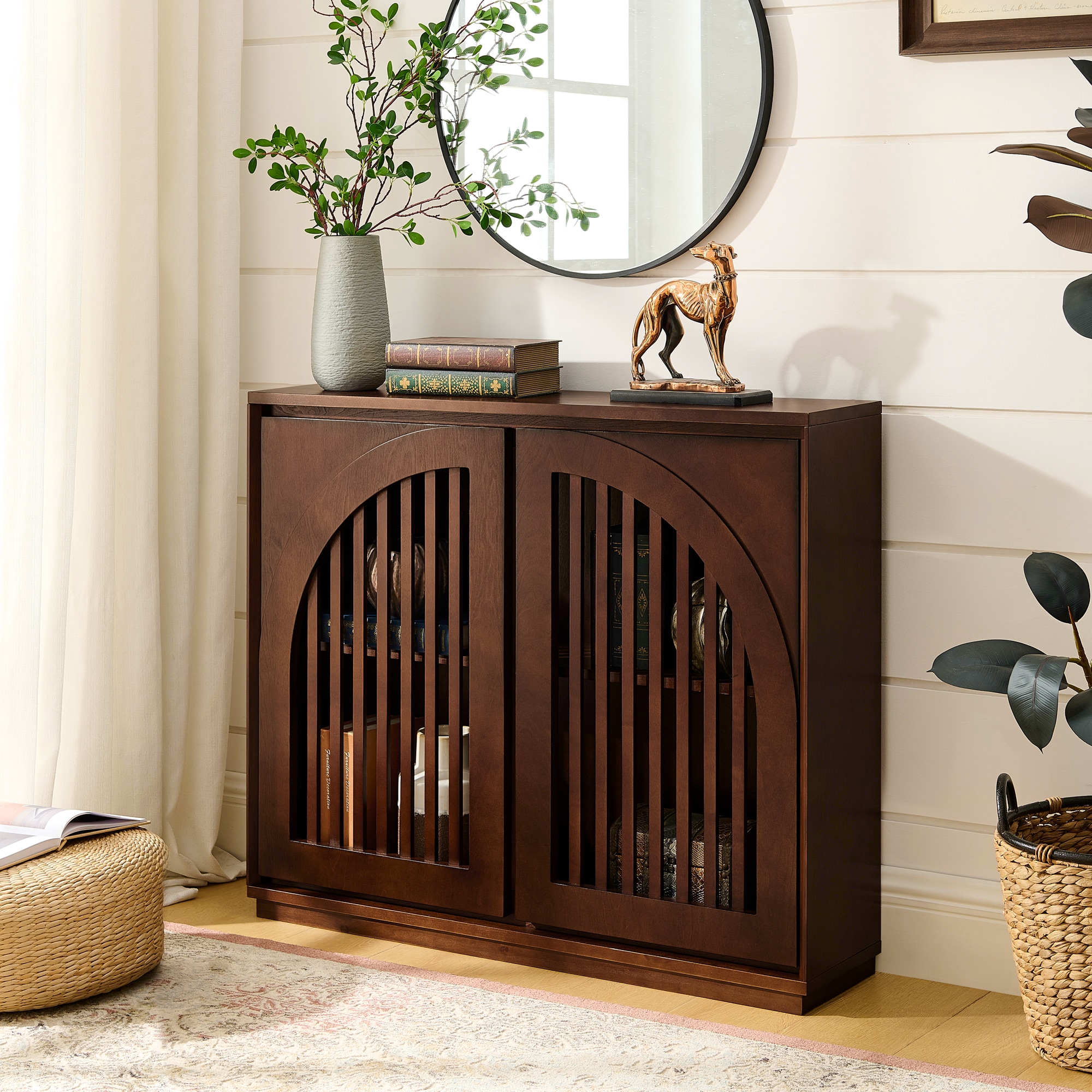 LUXEYARD Mid Century Modern Fluted Sideboard Cabinet with 2 Outlet Holes Buffet Cabinet with Storage Narrow Side Cabinet for Living Room Entryway Hallway Kitchen Coffee Bar Dark Walnut