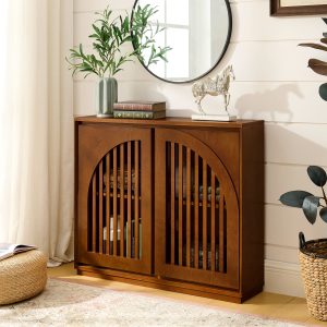 LUXEYARD Mid Century Modern Fluted Sideboard Cabinet with 2 Outlet Holes Buffet Cabinet with Storage Narrow Side Cabinet for Living Room Entryway Hallway Kitchen Coffee Bar Walnut