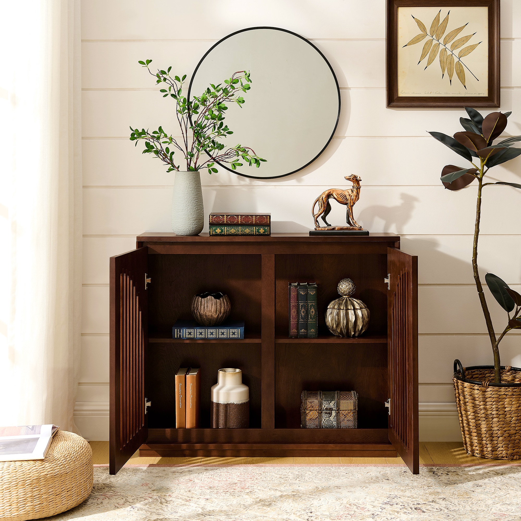 LUXEYARD Mid Century Modern Fluted Sideboard Cabinet with 2 Outlet Holes Buffet Cabinet with Storage Narrow Side Cabinet for Living Room Entryway Hallway Kitchen Coffee Bar Dark Walnut - Image 4