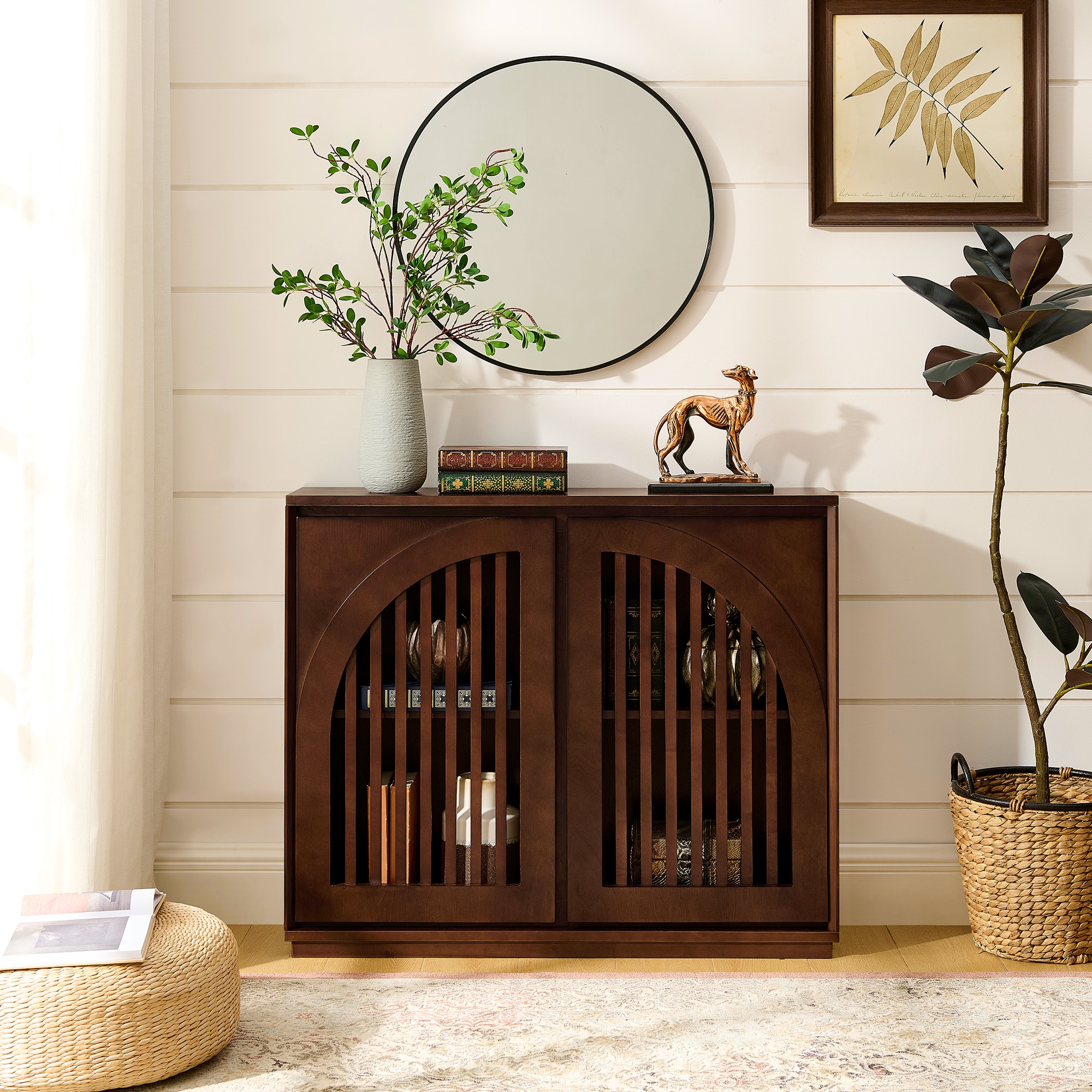 LUXEYARD Mid Century Modern Fluted Sideboard Cabinet with 2 Outlet Holes Buffet Cabinet with Storage Narrow Side Cabinet for Living Room Entryway Hallway Kitchen Coffee Bar Dark Walnut - Image 2