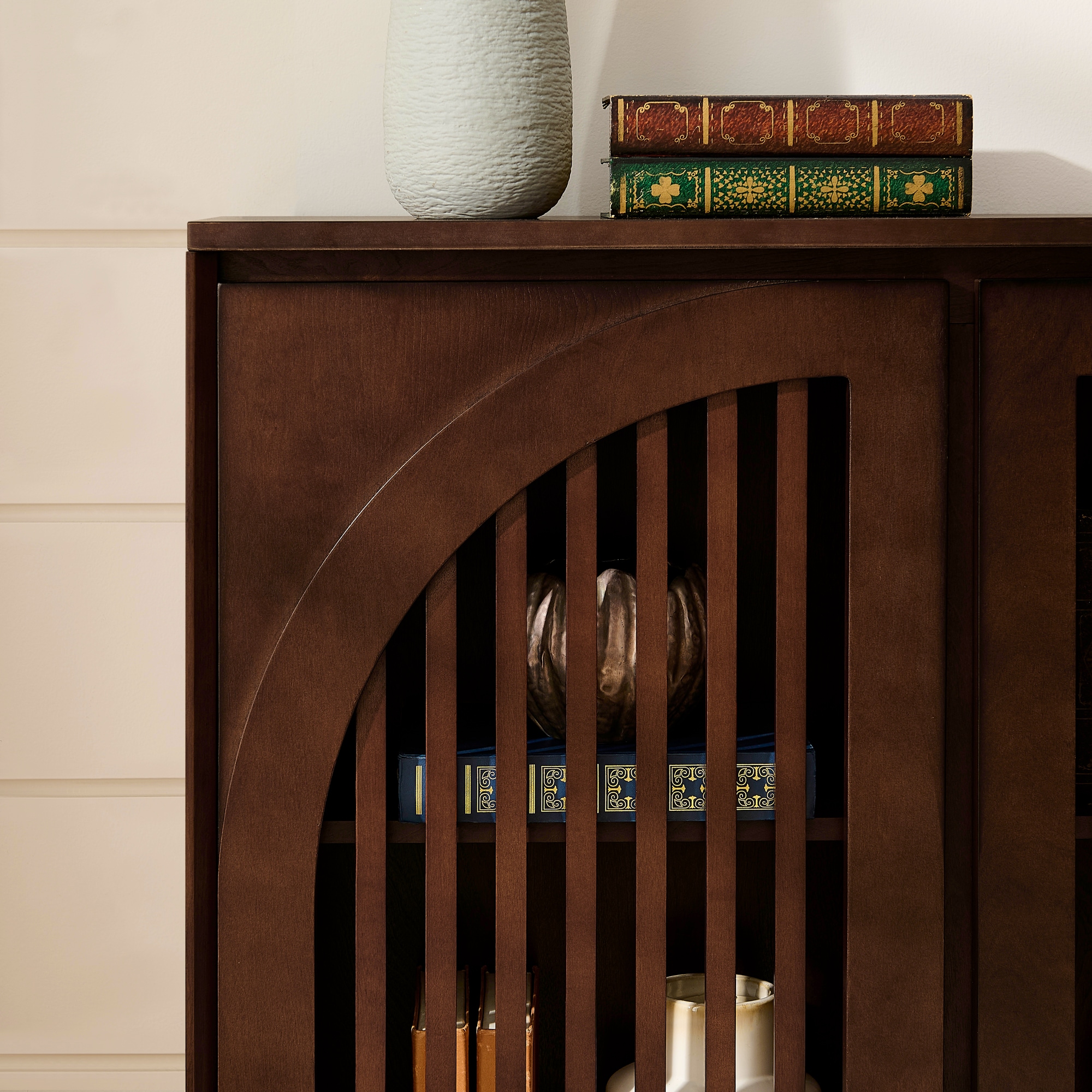 LUXEYARD Mid Century Modern Fluted Sideboard Cabinet with 2 Outlet Holes Buffet Cabinet with Storage Narrow Side Cabinet for Living Room Entryway Hallway Kitchen Coffee Bar Dark Walnut - Image 5