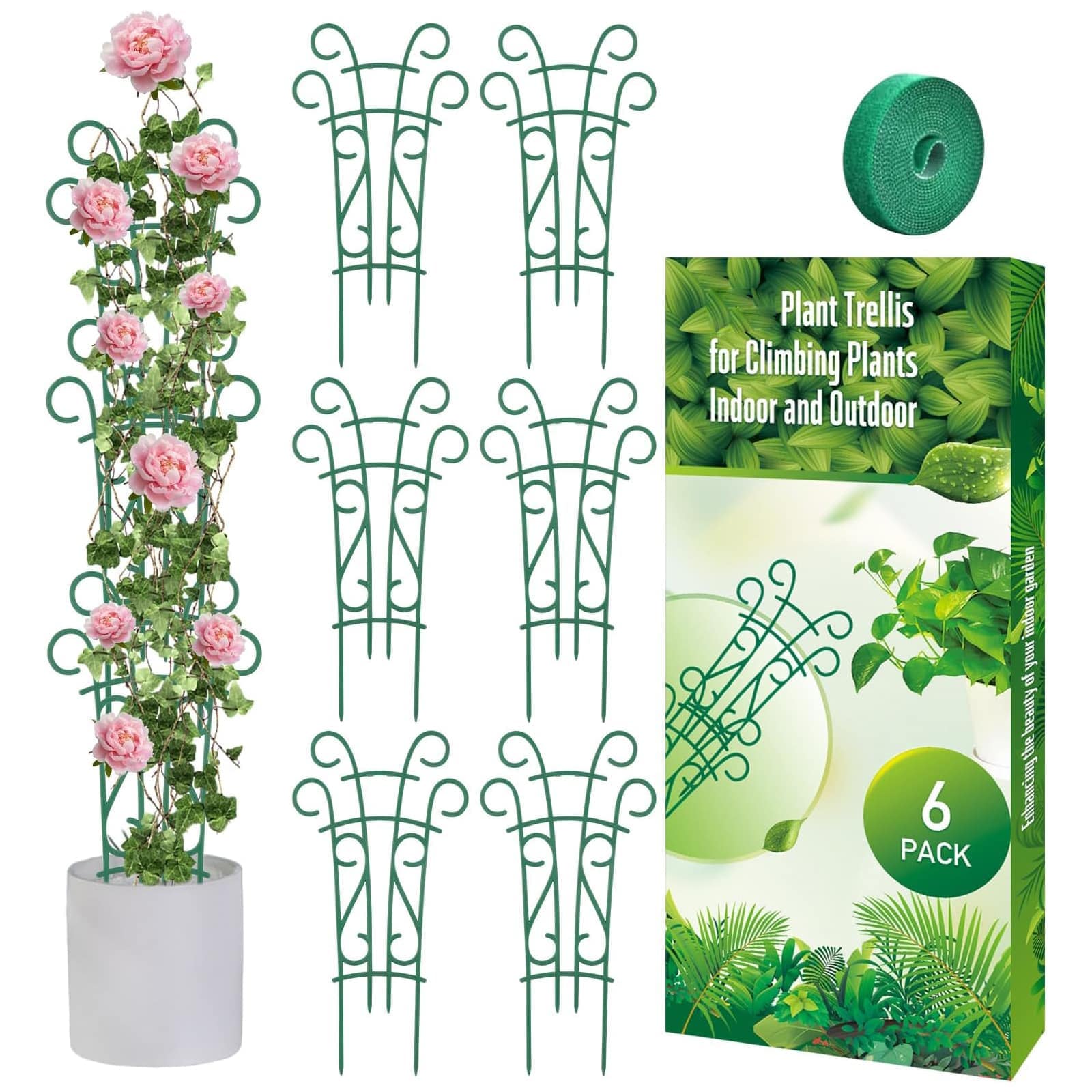 Etokfoks 6 Pack Stackable Plant Trellis 14.17 Inch Tall or 22.44 Inch Combined Durable Plastic Support for Climbing Potted Indoor Outdoor Plants