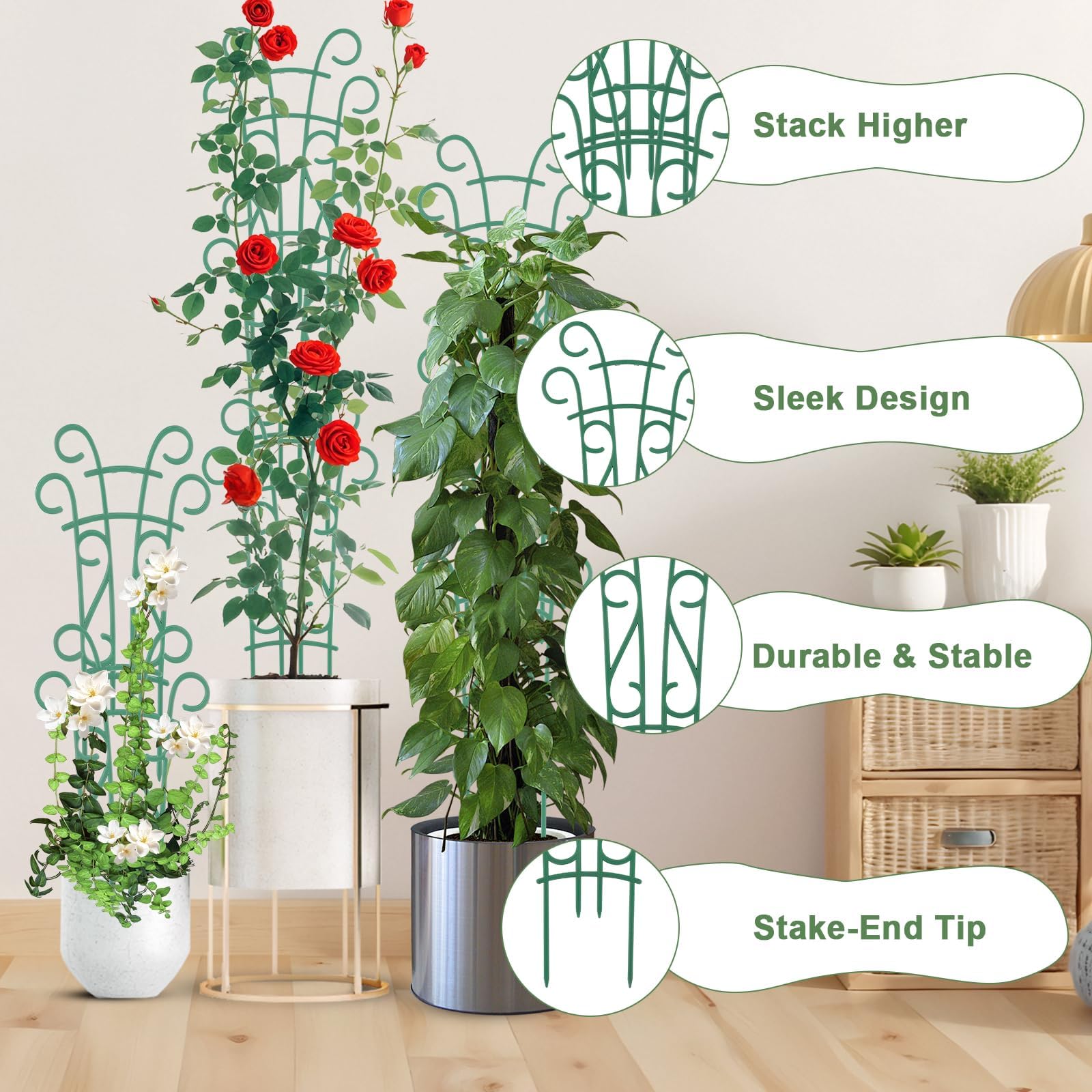 Etokfoks 6 Pack Stackable Plant Trellis 14.17 Inch Tall or 22.44 Inch Combined Durable Plastic Support for Climbing Potted Indoor Outdoor Plants - Image 3