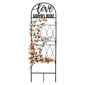 Etokfoks 45 in x 14 in Metal Garden Trellis for Climbing Plants Rustproof Black Iron Grid Outdoor Support with Ground Stakes for Vines Roses 1 Piece