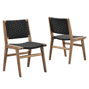 Modway Saoirse Woven Rope Wood Dining Side Chair Set of 2 in Walnutt Black