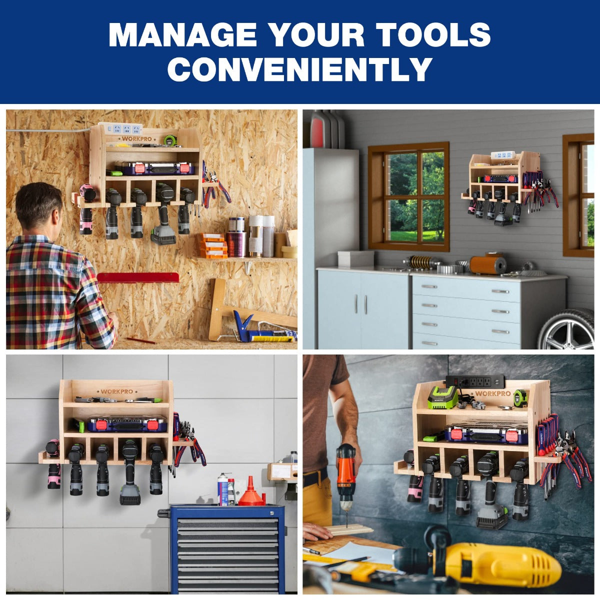WORKPRO Power Tool Organizer, Cordless Drill Holder Storage Wall Mount with 5 Drill Hanging Slots, Solid Wooden Tool Storage - Image 6