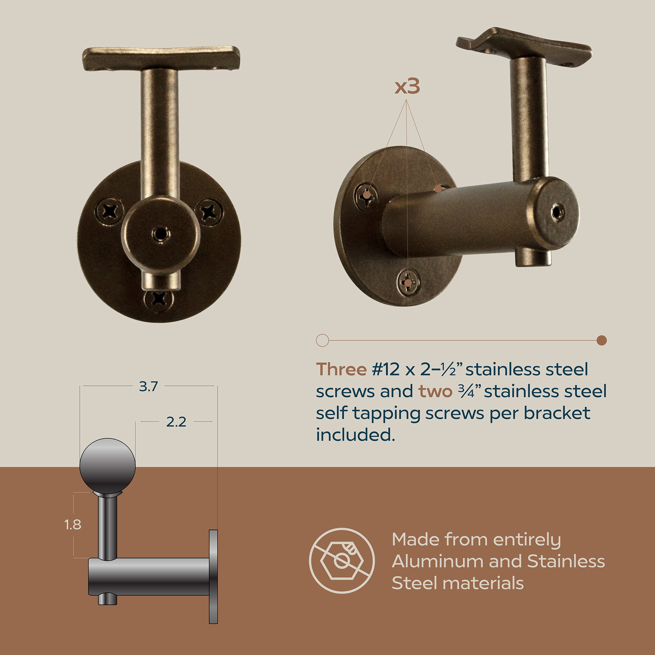 Concept Fusion 3 Foot L Industrial Aluminum Round Complete Indoor/Outdoor Straight Handrail Grab Bar Kit Bronze and White Powder Coated Finish - Image 4