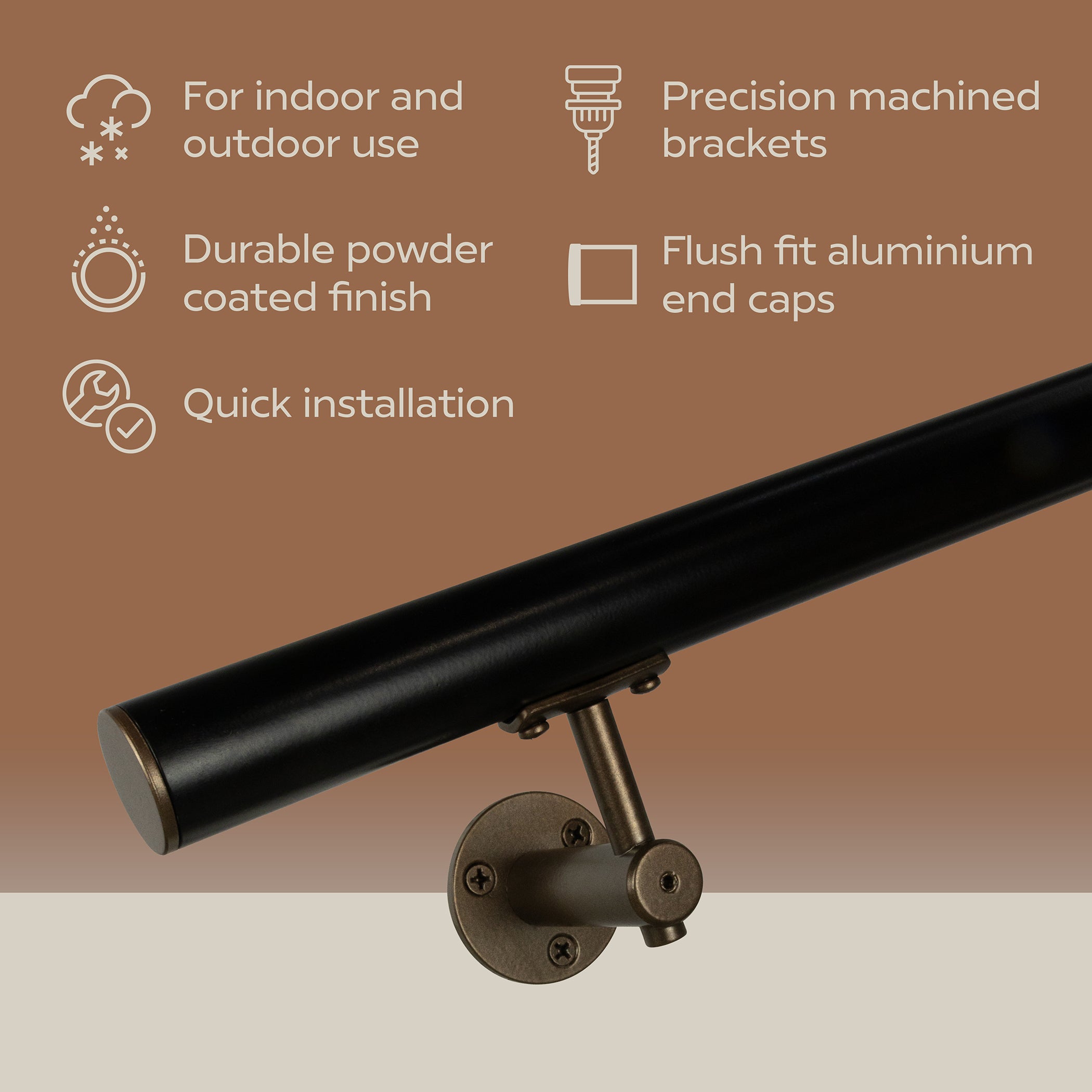Concept Fusion 1.5 Foot L Industrial Aluminum Round Complete Indoor/Outdoor Straight Handrail Grab Bar Kit Bronze and Black Powder Coated Finish - Image 5