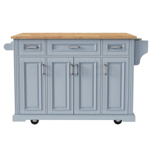 Rbied 54in Large Kitchen Island with Rubber Wood Drop Leaf Embossed Texture 4 Wheels 4 Doors 3 Drawers Grey Blue