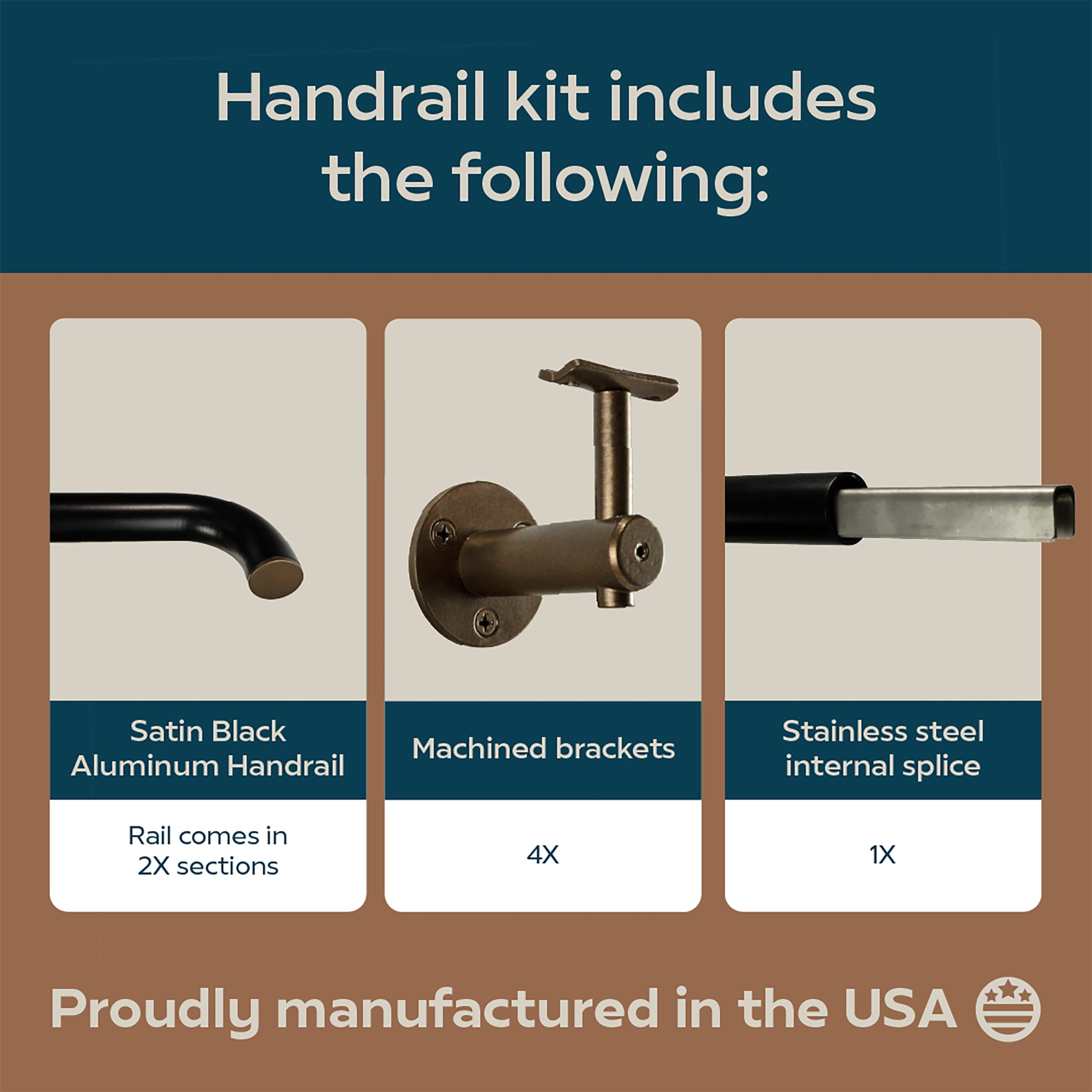Concept Fusion 10 Foot L Industrial Aluminum Round ADA Returns to Wall Complete Indoor/Outdoor Straight Handrail Grab Bar Kit Bronze and Black Powder Coated Finish - Image 8
