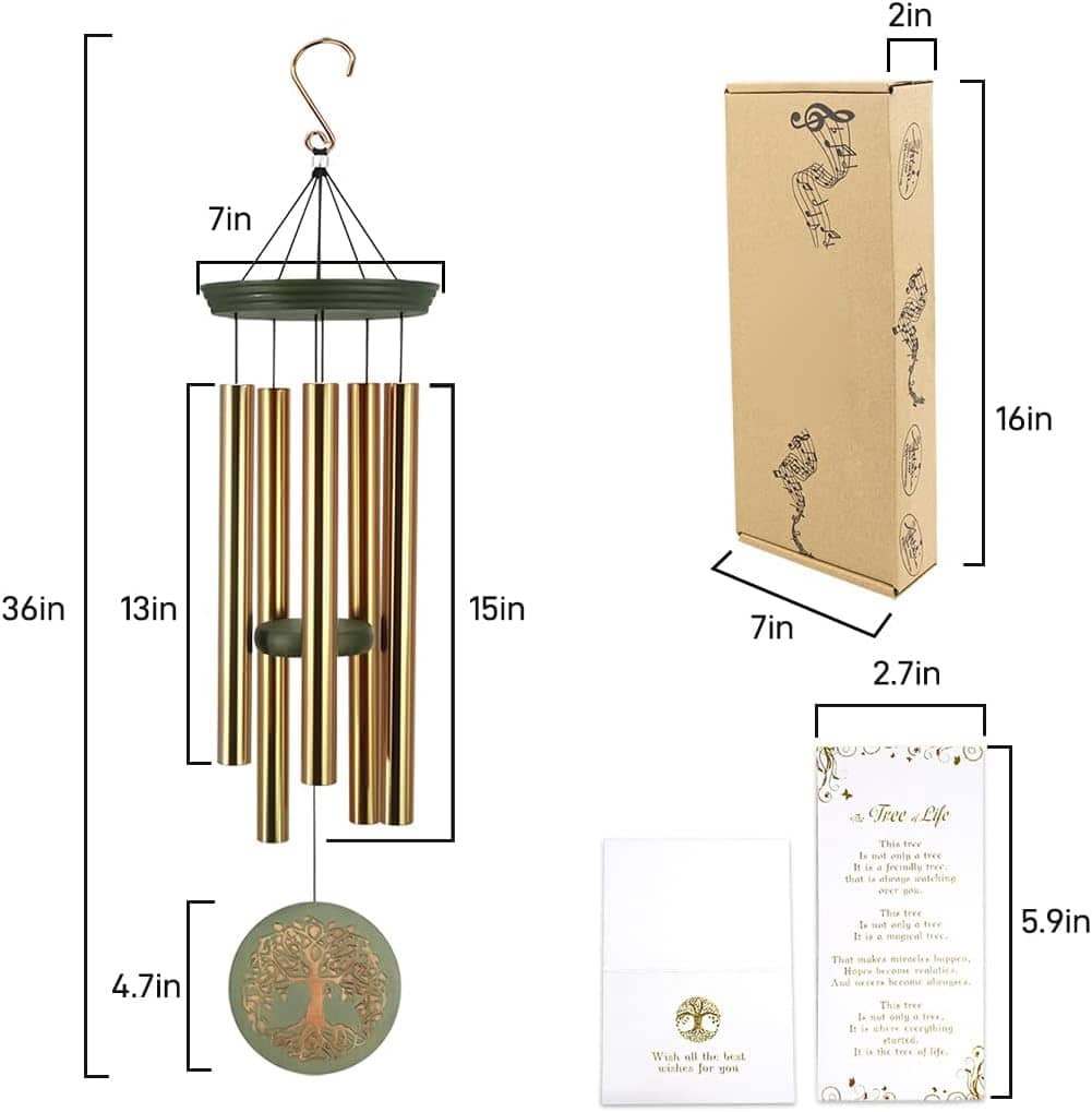 Etokfoks 1 Piece 36 Inch Outdoor Wind Chimes Tree of Life Engraved Green Gold Garden Hanging Decor Weather Resistant for Yard Patio Balcony - Image 3