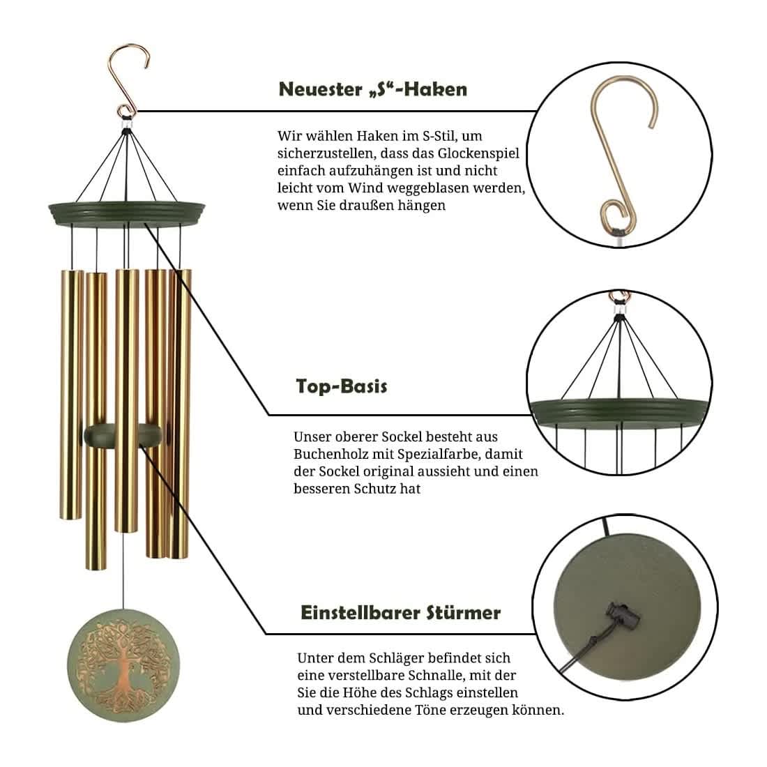 Etokfoks 1 Piece 36 Inch Outdoor Wind Chimes Tree of Life Engraved Green Gold Garden Hanging Decor Weather Resistant for Yard Patio Balcony - Image 4
