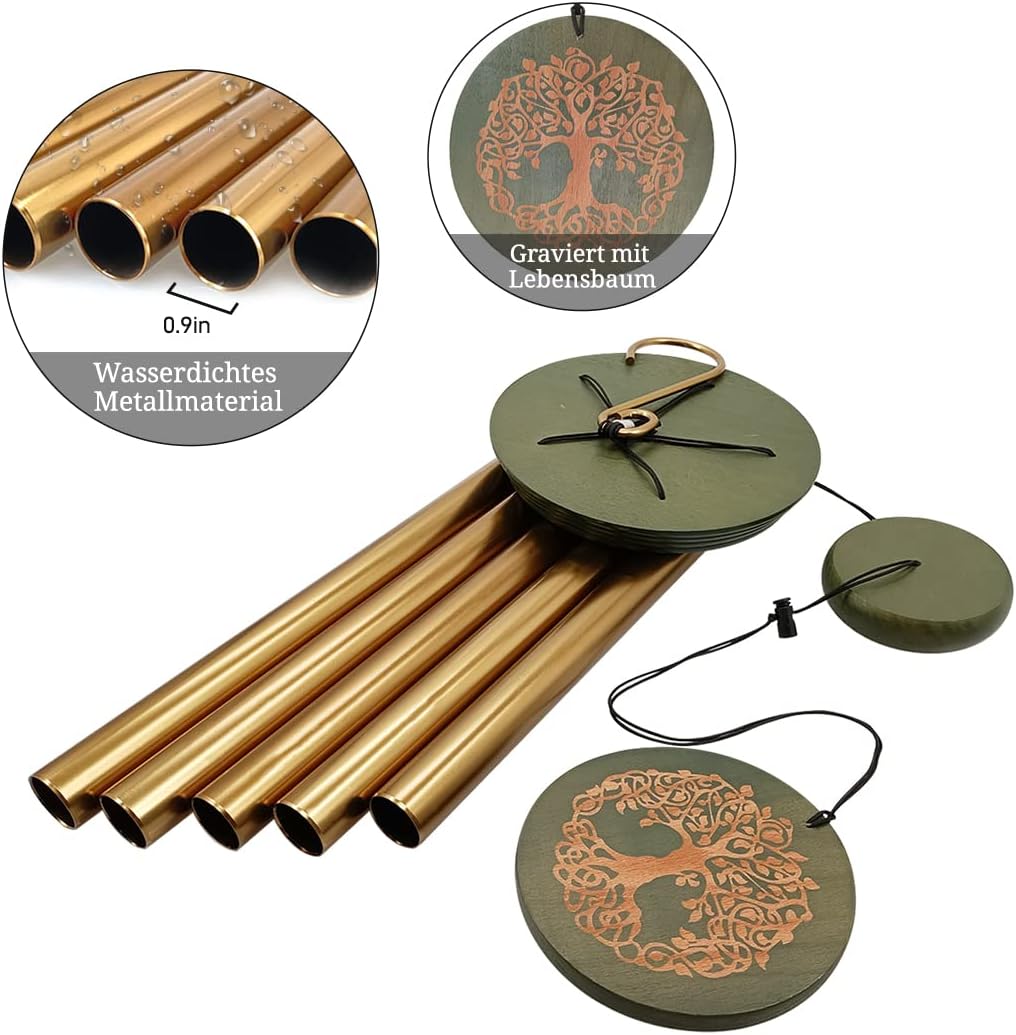 Etokfoks 1 Piece 36 Inch Outdoor Wind Chimes Tree of Life Engraved Green Gold Garden Hanging Decor Weather Resistant for Yard Patio Balcony - Image 2