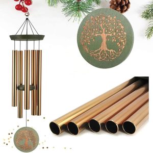 Etokfoks 1 Piece 36 Inch Outdoor Wind Chimes Tree of Life Engraved Green Gold Garden Hanging Decor Weather Resistant for Yard Patio Balcony
