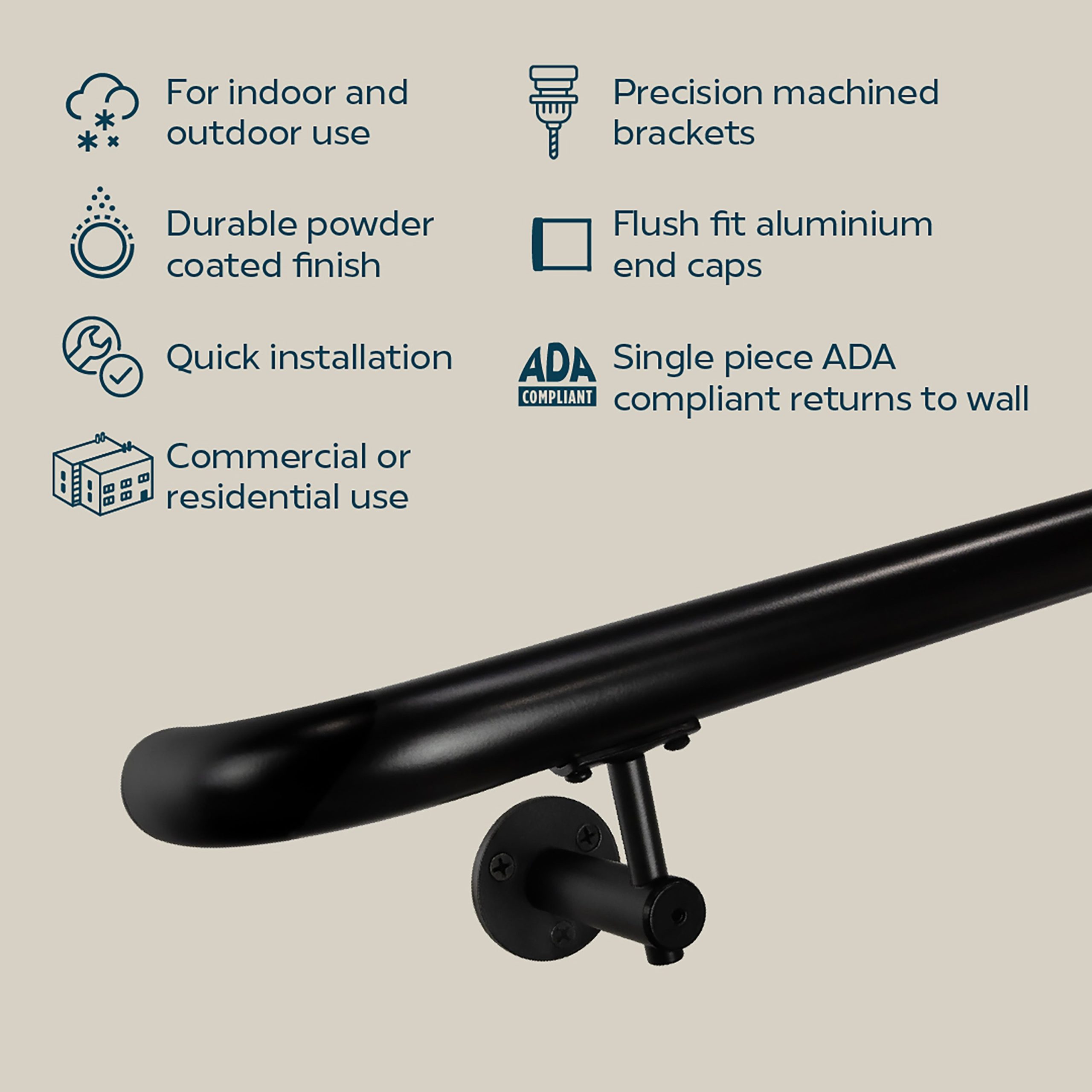 Concept Fusion 13 Foot L Industrial Aluminum Round ADA Returns to Wall Complete Indoor/Outdoor Straight Handrail Grab Bar Kit Black Powder Coated Finish - Image 7