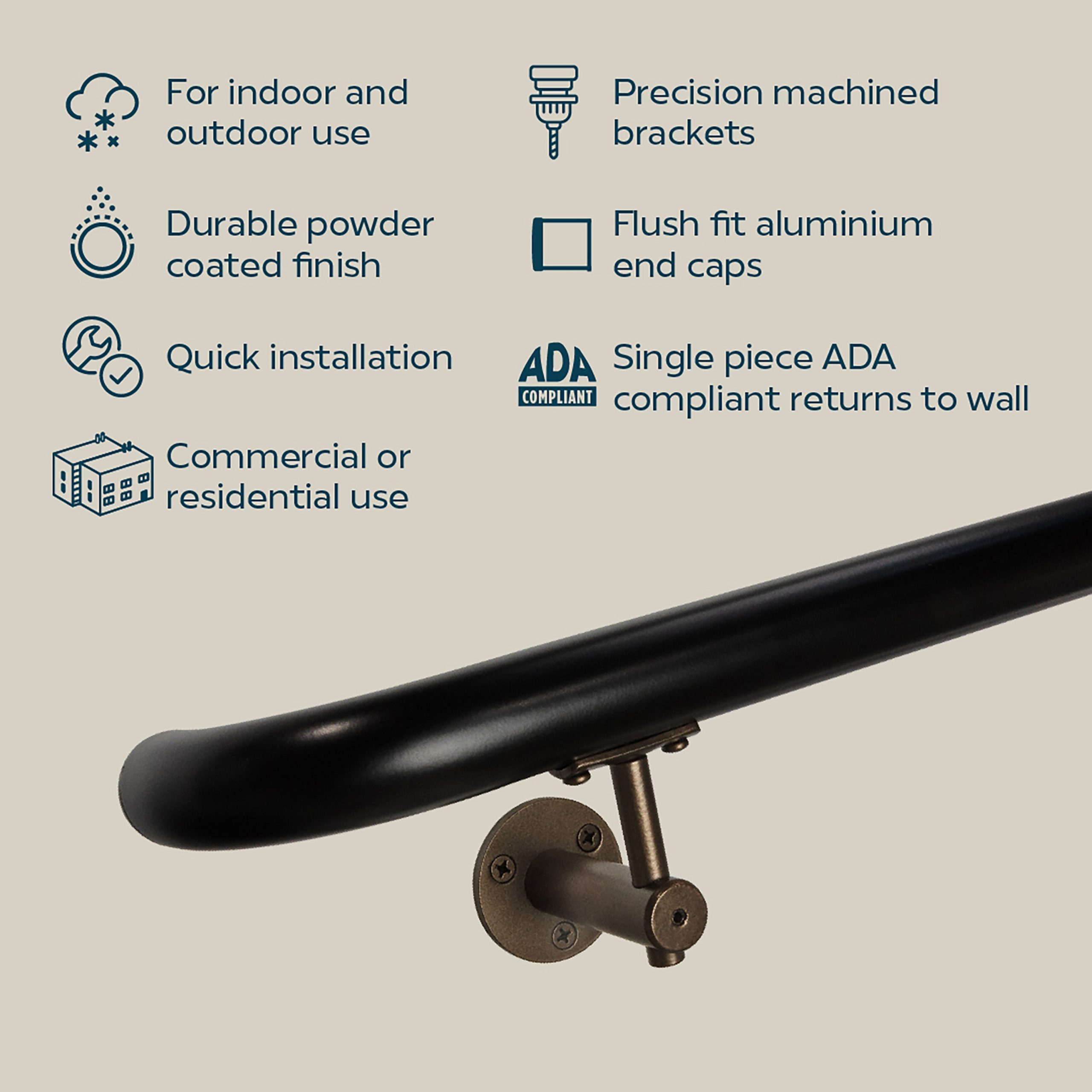Concept Fusion 10 Foot L Industrial Aluminum Round ADA Returns to Wall Complete Indoor/Outdoor Straight Handrail Grab Bar Kit Bronze and Black Powder Coated Finish - Image 7