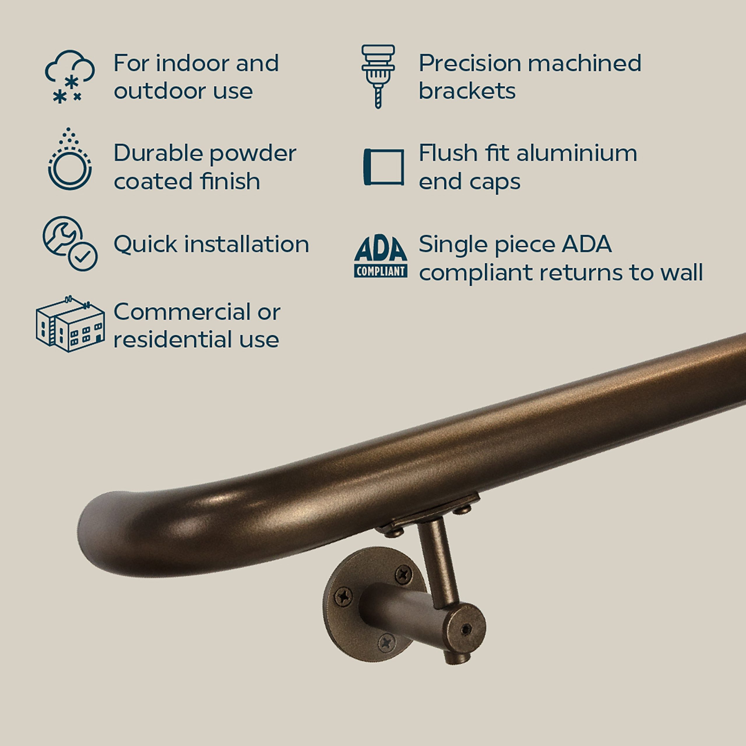 Concept Fusion 6 Foot L Industrial Aluminum Round ADA Returns to Wall Complete Indoor/Outdoor Straight Handrail Grab Bar Kit Bronze Powder Coated Finish - Image 7