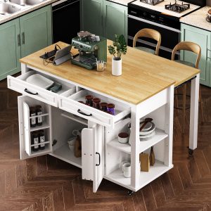 Xspracer White MDF Base with Wood Wood Top Rolling Kitchen Island ( 33.5-in x 47.2-in x 36.75-in )