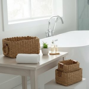Paradigms Interiors Set Of 3 Square Woven Storage Baskets Recycled Paper Rope Handwoven Organizer For Shelves Drawer Bathroom Or Cupboard