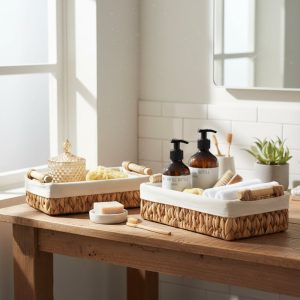Paradigms Interiors Natural Water Hyacinth Woven Baskets Set of 2 with Removable Liner for Toilet Tank Top Storage