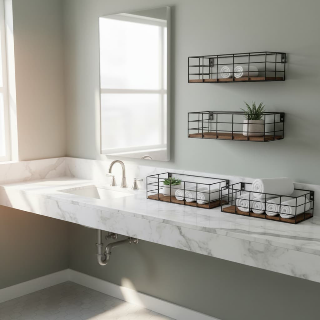 Paradigms Interiors 4 Set Wall Mounted Floating Shelves in 4 Sizes Paulownia Wood with Metal Wire Frame for Bathroom Living Room or Kitchen Storage