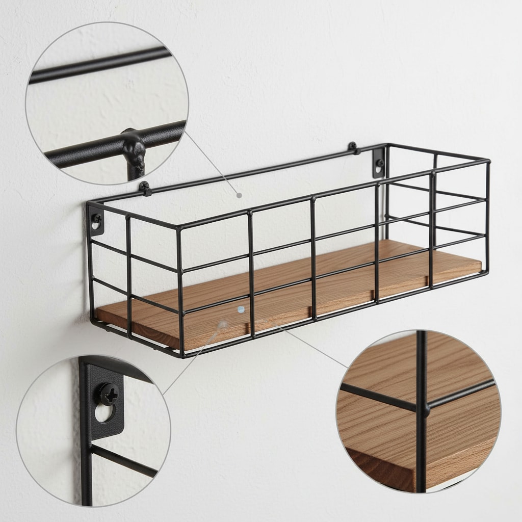 Paradigms Interiors 4 Set Wall Mounted Floating Shelves in 4 Sizes Paulownia Wood with Metal Wire Frame for Bathroom Living Room or Kitchen Storage - Image 5
