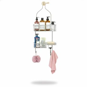 Paradigms Interiors Silver Hanging Shower Head Caddy 28 Inch Rustproof Stainless Steel Over The Shower Shelf Organizer With 2 Layers And Soap Dish