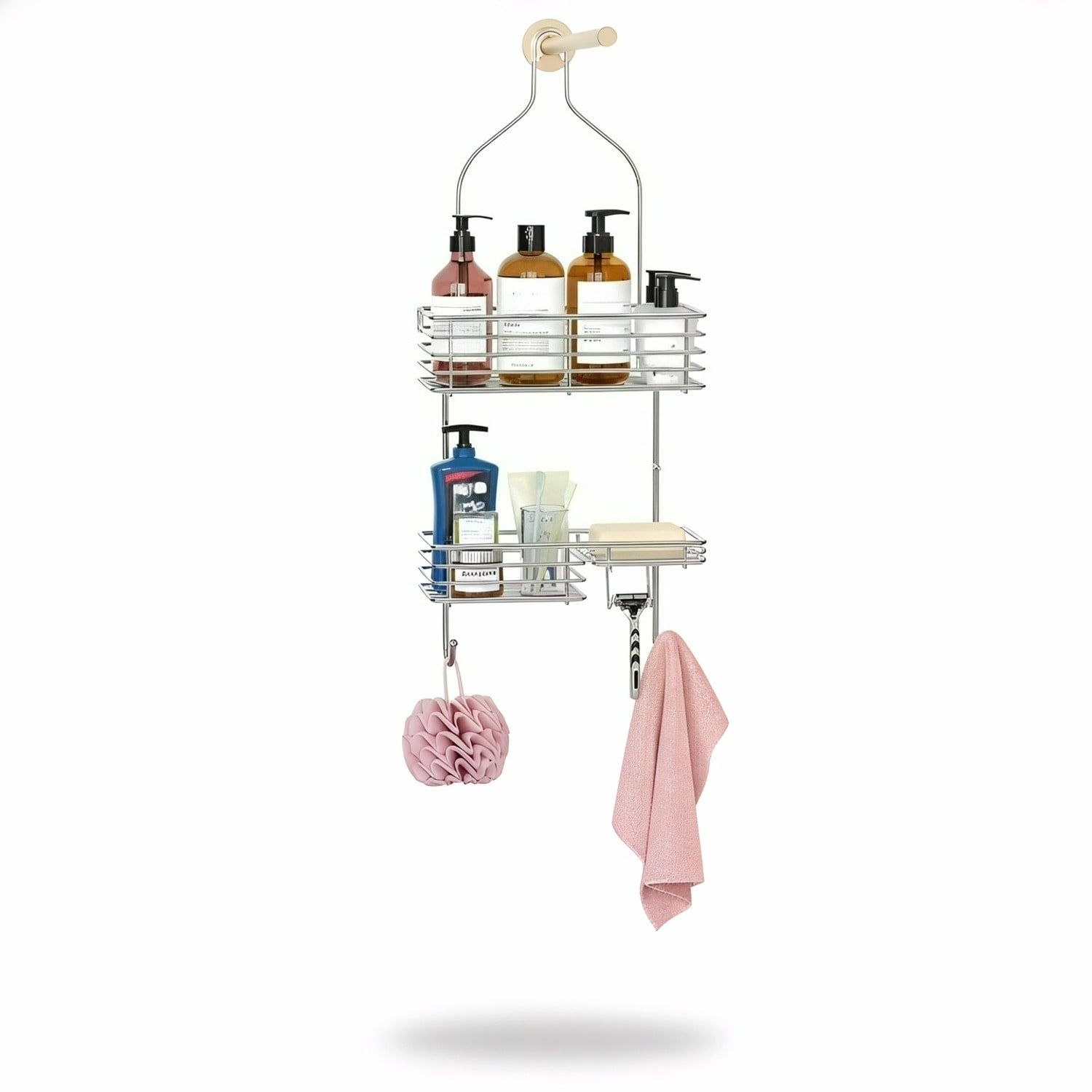 Paradigms Interiors Silver Hanging Shower Head Caddy 28 Inch Rustproof Stainless Steel Over The Shower Shelf Organizer With 2 Layers And Soap Dish