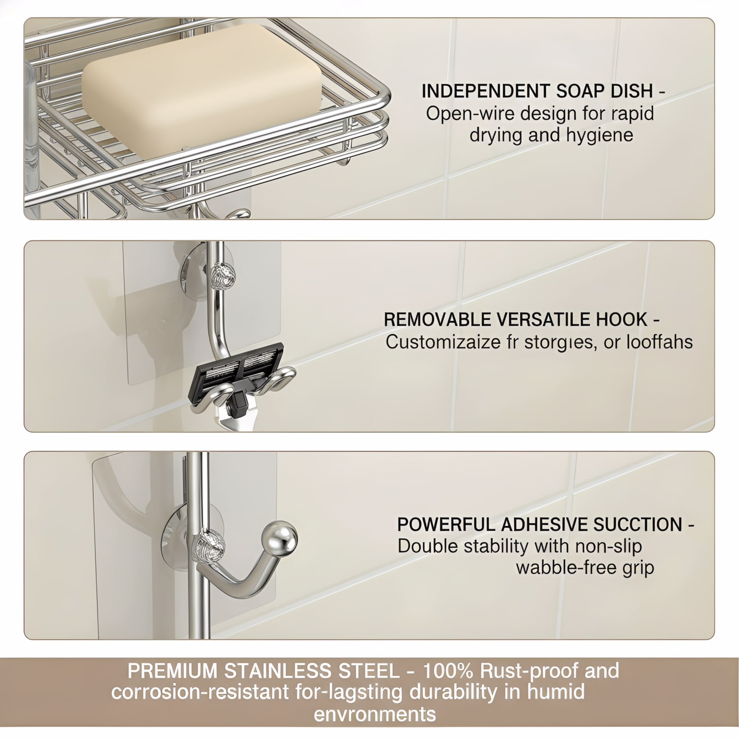 Paradigms Interiors Silver Hanging Shower Head Caddy 28 Inch Rustproof Stainless Steel Over The Shower Shelf Organizer With 2 Layers And Soap Dish - Image 5