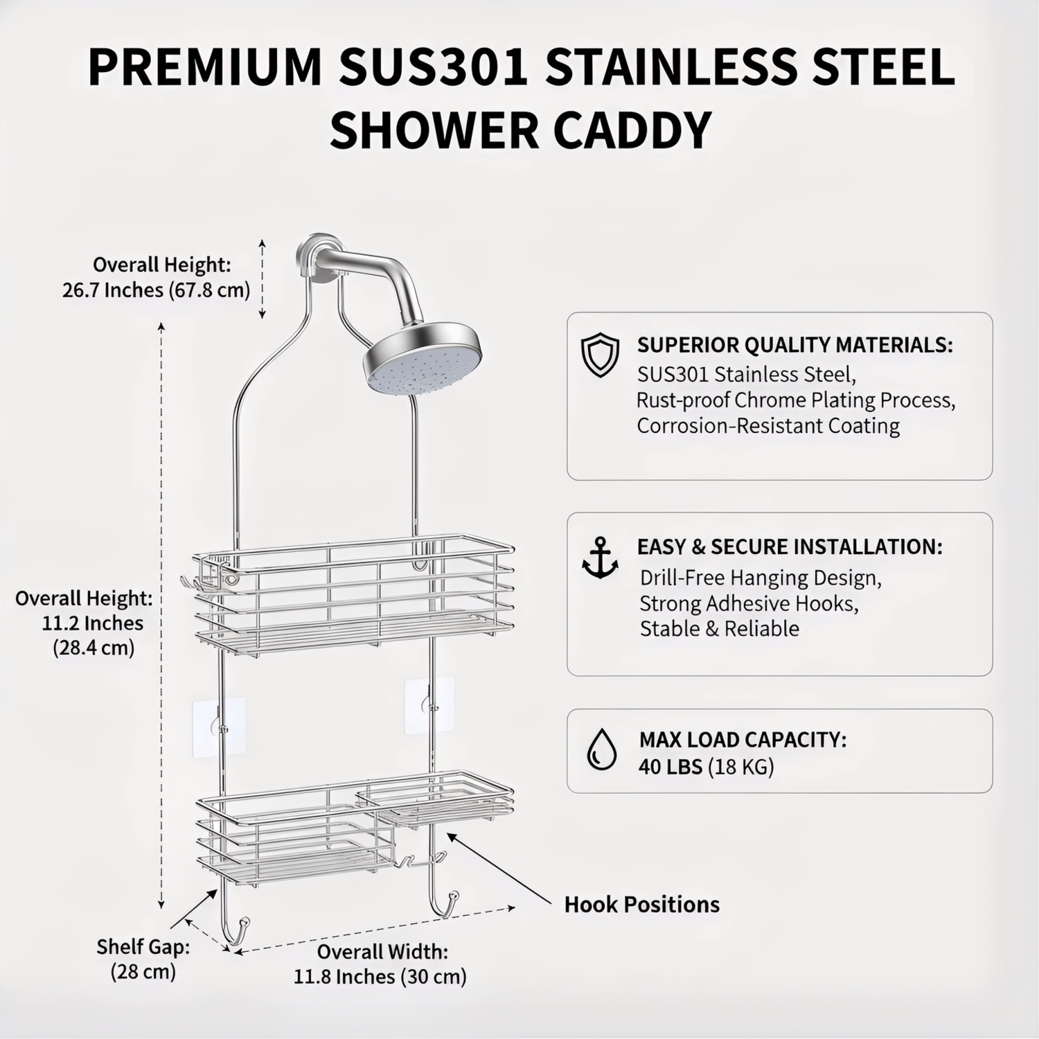 Paradigms Interiors Silver Hanging Shower Head Caddy 28 Inch Rustproof Stainless Steel Over The Shower Shelf Organizer With 2 Layers And Soap Dish - Image 6