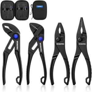 WORKPRO 4-Piece Mini Pliers Set with Pouch, Includes 4-Inch Plier Wrench & Slip Joint & Water Pump Pliers & 4.5-Inch Long Nose Slip Joint Plier, Adjustable Pliers/Pocket Plier/EDC Tool Gift for Man