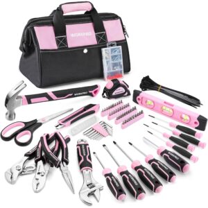 WORKPRO 277 Pcs Pink Tool Set with Wide Mouth Open Storage Bag - Pink Ribbon