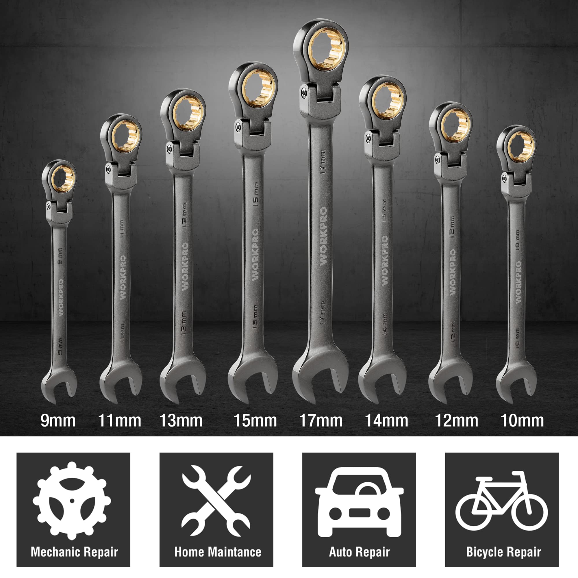 WORKPRO 8 Pcs Flex-Head Ratcheting Combination Wrench Set with Organizer Bag, Metric - Image 3
