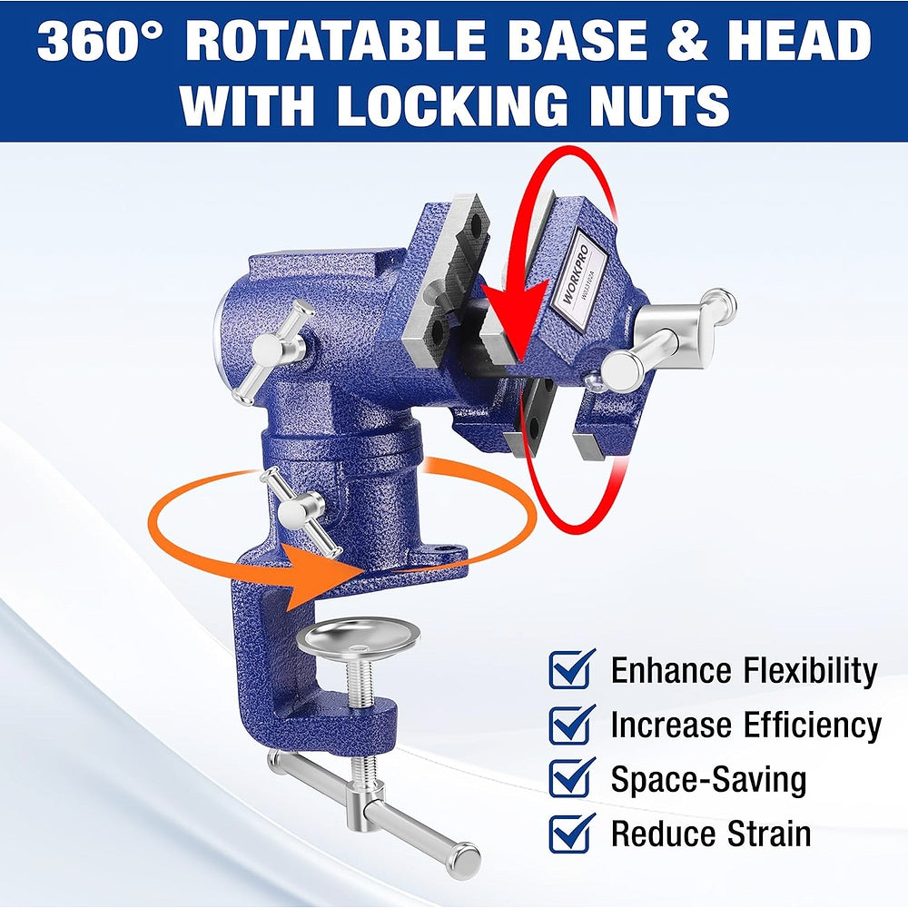 WORKPRO Dual Jaws Table Vise 2.5" & 1.5", 360° Swivel Clamp-On Bench Vise for Woodworking, Metalworking, DIY, Multi-position Small Portable Vise, Mini Vice Clamp for Workbench, Golf Club Regripping - Image 2
