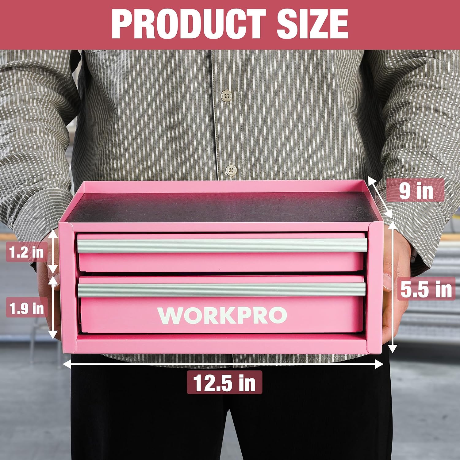 WORKPRO Portable & 12.5" Mini Metal Tool Box, Top Tool Chest Containing Two Drawers - Pink Ribbon - Image 7