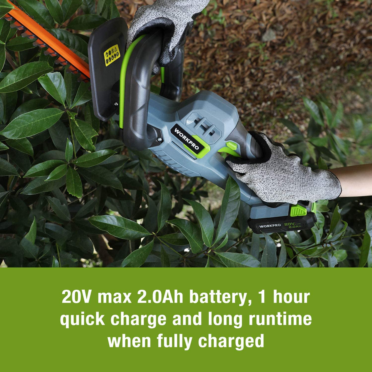 WORKPRO 20V Cordless Hedge Trimmer 20" Dual Action Blades Electric Gardening Tool 2.0Ah Battery and 1 Hour Quick Charger Included - Image 6