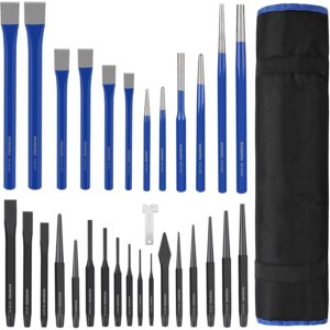 WORKPRO 30 PCS Heavy Duty Punch and Chisel Set with Roll Pouch, Cold & Cape Chisel, Center, Pin & Taper Punch, and Gauge, Blackened and Painted Finish for Durability