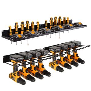 Anqtovp Power Tool Organizer with Charging Station Heavy Duty Metal Wall Mount Drill Holder Garage Storage Shelves Black 2 Pack 4 Set