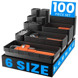 Anqtovp 100 Piece Tool Drawer Organizer Set 6 Sizes Plastic Drawer Divider Bins for Garage Tool Chest Cart Workbench Office Desk Storage